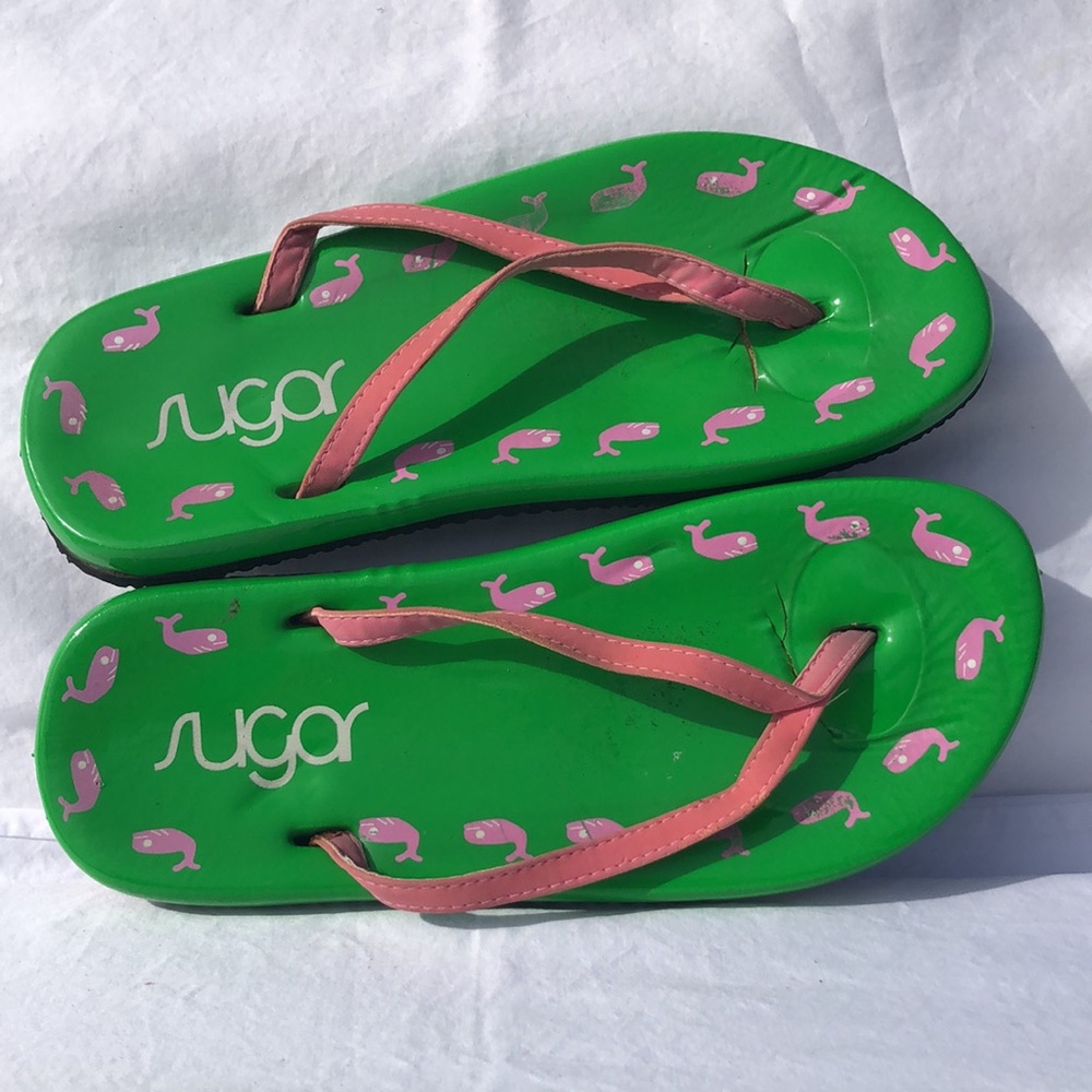 Vintage 1998 Sugar Floaties Flip-Flops; Green with pink whales & pink strap